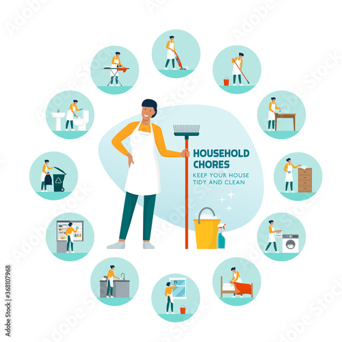 Woman doing household chores at home infographic