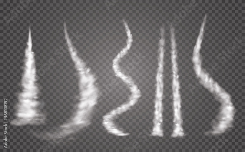 Airplane condensation trails. Plane smoke rocket stream effect airplane jet cloud flight. Jet trailing smoke isolated set.