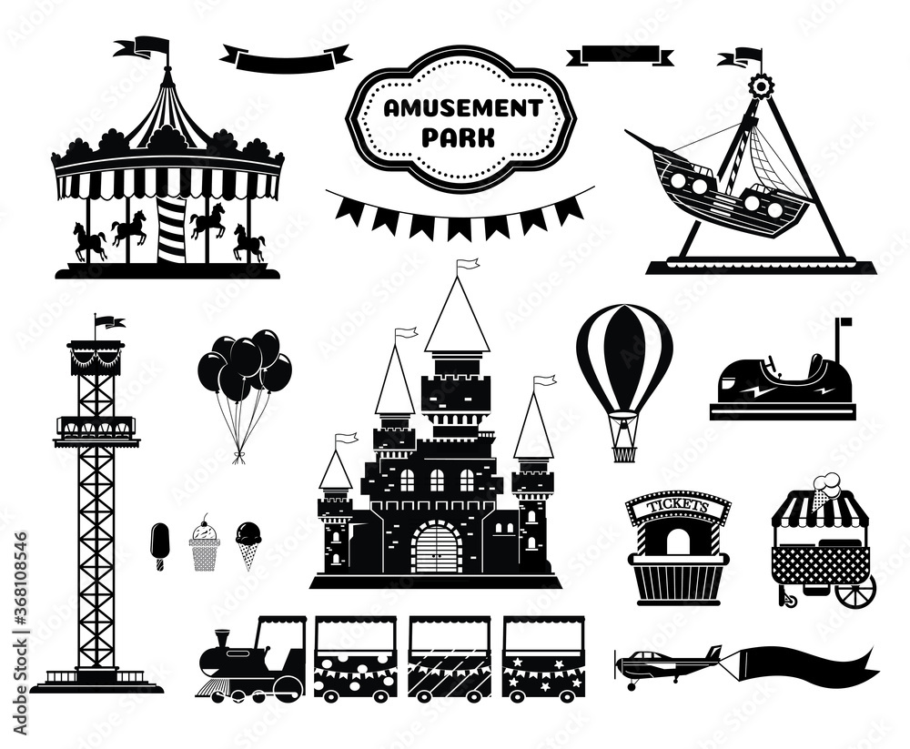 Amusement park silhouette icons set. Carnival funfair and ferris wheel emblem, label, badge. Amuse circus carousel, air balloon and castle. isolated on white background.