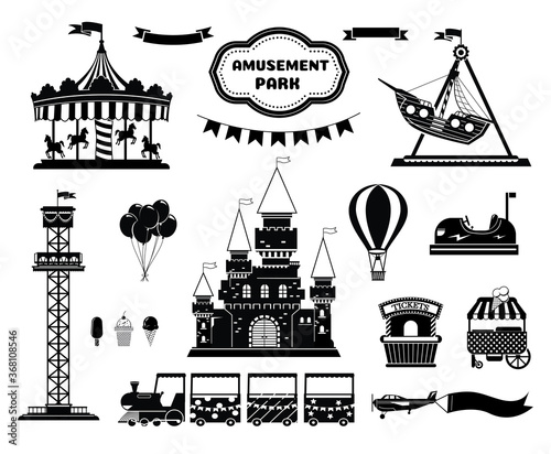 Amusement park silhouette icons set. Carnival funfair and ferris wheel emblem, label, badge. Amuse circus carousel, air balloon and castle. isolated on white background.