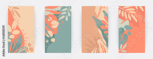 Vector set of floral banners made of leaves and plants with copy space for text - bright vibrant backgrounds in light colors. Posters, covers template, packaging design, social media stories wallpaper
