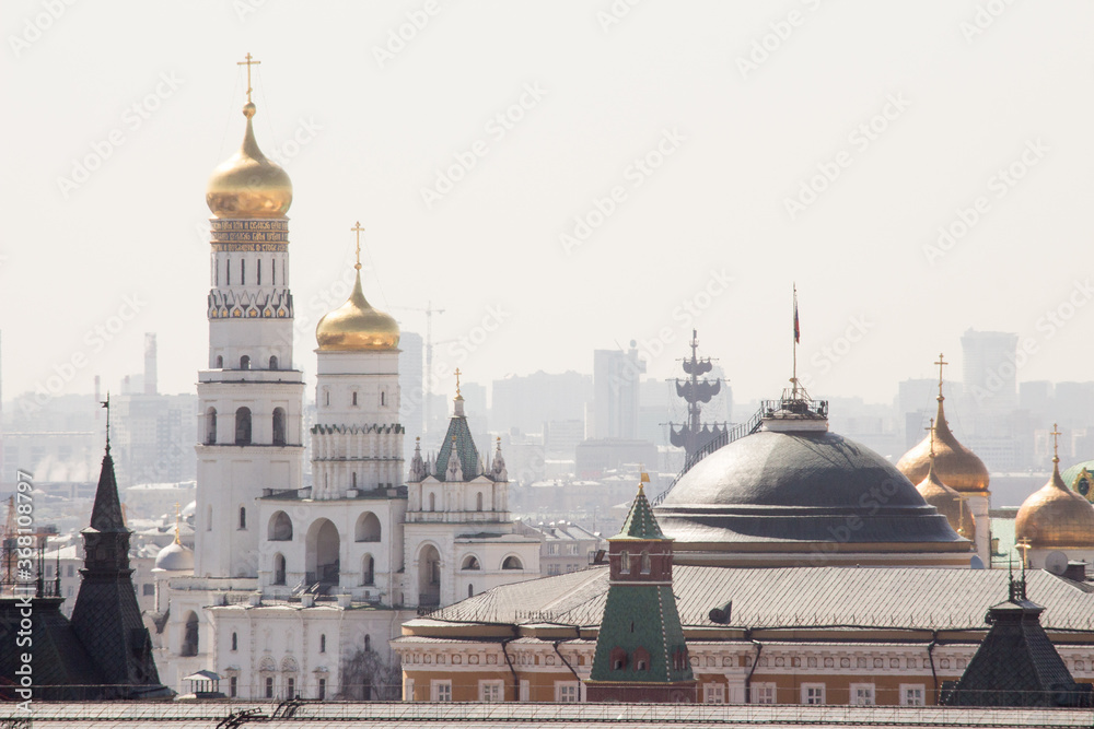 Moscow, Russia. The Kremlin view from long distance with telephoto. Ivan The Great bell-tower.