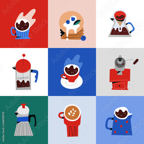 Coffee poster, espresso and cappuccino mug, coffee maker and grinder, pop art decoration for coffee shop or cafe wall, hand drawn modern artwork, block composition, vector illustration 