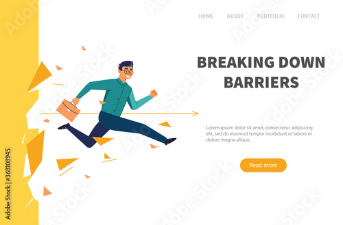 Businessman breaking wall. Web banner man overcomes the barrier. Business concept illustration.