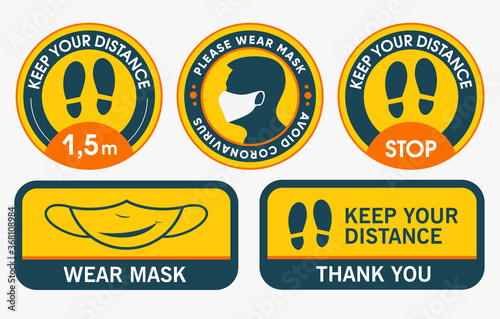 Floor stickers. Collection of Social distancing for print. Please Keep Your Distance. Please wear mask. Marking tape where there are a lot of people. Stop, keep your distance.