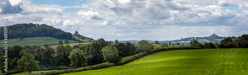 Panoramic landscape view of Somerset countryside with historic Glastonbury Tor photo