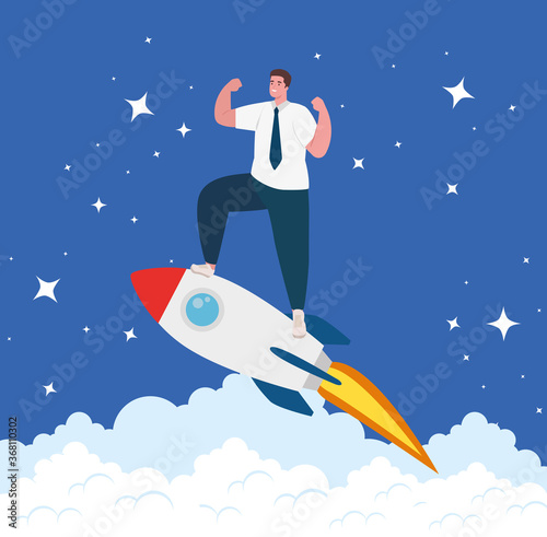 business start up concept, banner, business object startup process, businessman in rocket and clouds vector illustration design