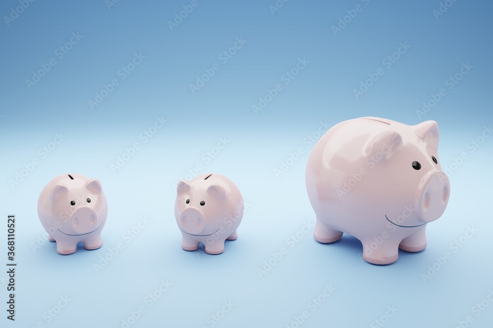 piggy bank family on light blue background, concept image for saving money piggy bank family on light blue background, concept image for saving money