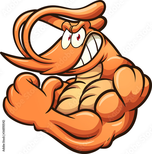 Strong cartoon shrimp mascot flexing its arm. Vector clip art illustration with simple gradients. All on a single layer. 
