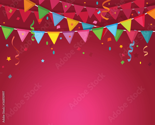 Cartoon decoration flags with confetti. Holiday design template for birthday Invitation, greeting cards, festival or fun event poster. Vector illustration.