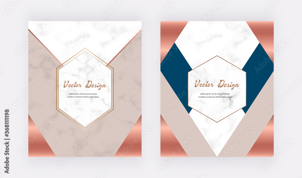 Geometric design cards with nude, blue and gold triangles on the marble texture.
