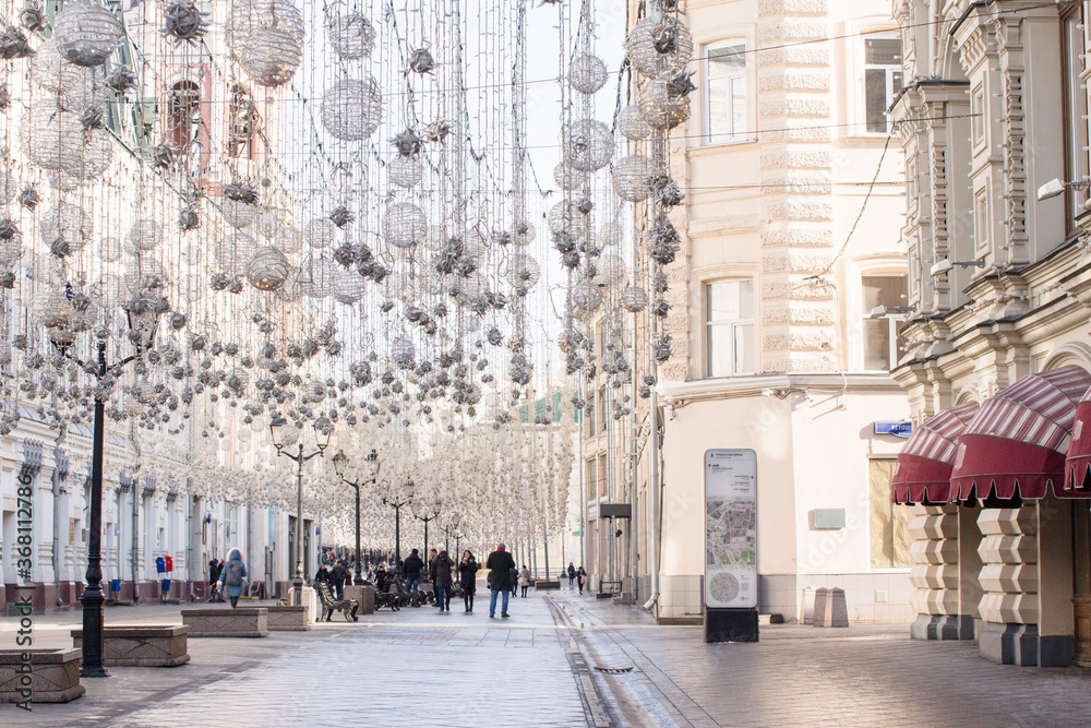 Mar 1, 2020. Moscow, Russia. Nikolskaya street, lanterns, festive illumination.