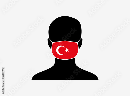 A silhouette of a person wearing a mask with the flag of Turkey on it. Vector illustration.
