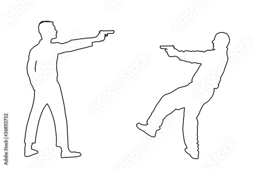 Public crime scene, gunfight battle. Man with gun shooting in opponent vector line contour silhouette. Conflict situation. Gun fire. police agent shutting against mafia member. policeman arrest
