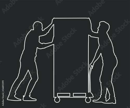 Hard workers pushing wheelbarrow and carry big box vector line isolated on black. Delivery man moving package by cart. Service moving transport. Warehouse job activity. Looting bailiff laborer