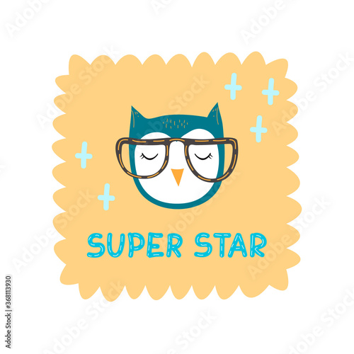 Owl bird Super star with glasses vector illustration in flat style. Design for children  print on fabric and t-shirt  greeting card  poster