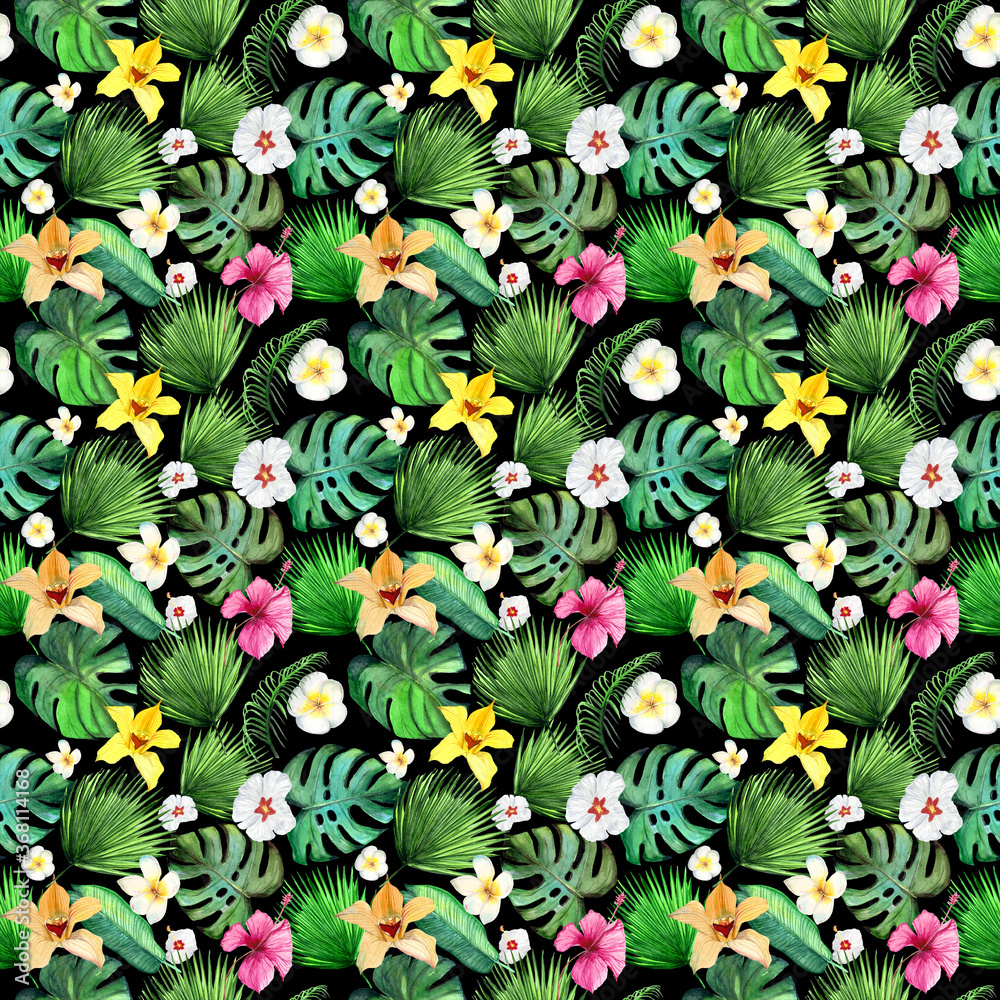 Tropical seamless pattern leaves on black background Tropical seamless pattern leaves on black background