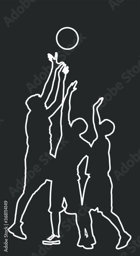 Basketball players vector line contour illustration isolated on white background. Fight for the ball. defense and attack positions in street basket sport. Defense trying to block shot on target.