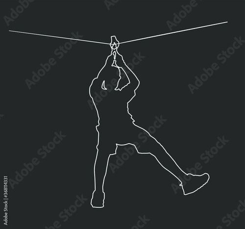 Extreme sportsman took down with rope line. Man climbing vector contour isolated on black. Sport weekend zip line action in adventure park. Rope way for fun, team building. Rescue mission