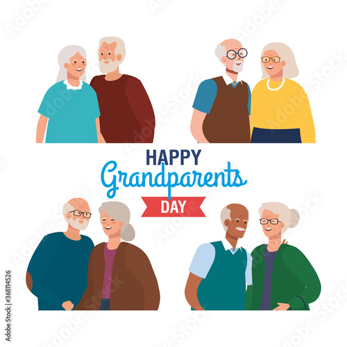 happy grand parents day with cute older couples vector illustration design