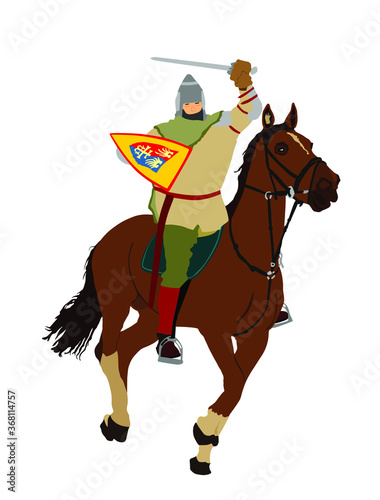 Knight in armor with sword and shield riding horse vector isolated on white. Horseman medieval fighter in battle. Cavalryman hero keeps castle walls. Armed man defends country against enemy.