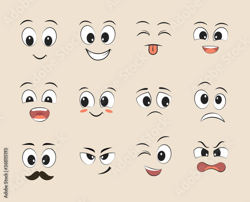 Set of funny faces. Cartoon faces with different expressions, featuring the eyes and mouth, design elements. Vector illustrations