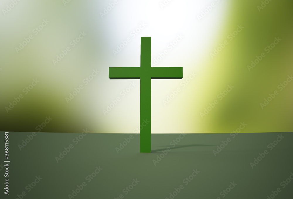 Christian cross on the field with a light in the center of blurred background, 3D rendering