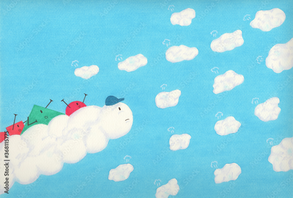 Illustrazione Stock 丸 三角 四角 雲 キャラクター 空の運動会 絵本 17 18ページ Adobe Stock