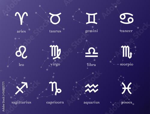 Zodiac constellations signs and stars. A pack of aries, taurus, gemini, cancer, leo, virgo, libra, scorpio, sagittarius, capricorn, aquarius, pisces.