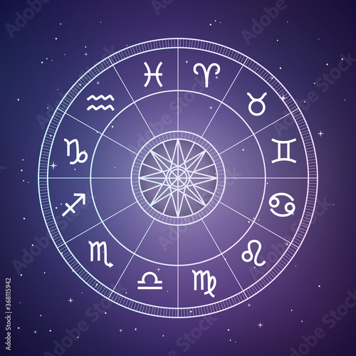 Zodiac circle. Astrology and horoscopes concept. Vector zodiac wheel with zodiac signs on a space background.