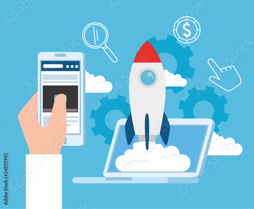 business start up concept, banner, business object startup process, laptop with rocket and hand using smartphone vector illustration design