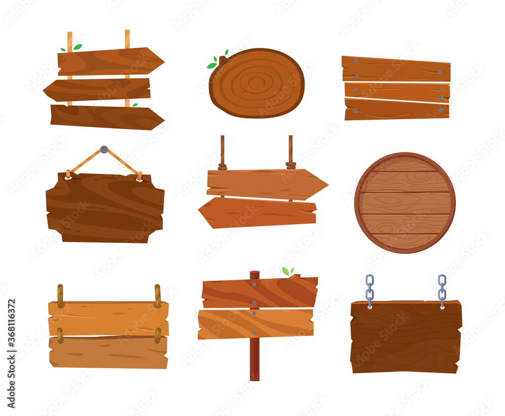 Naklejka premium Cartoon wooden signage. Old west wood board. Wooden signboard or plank for banner message. Signs for messages or pointers with arrow for pathfinding.