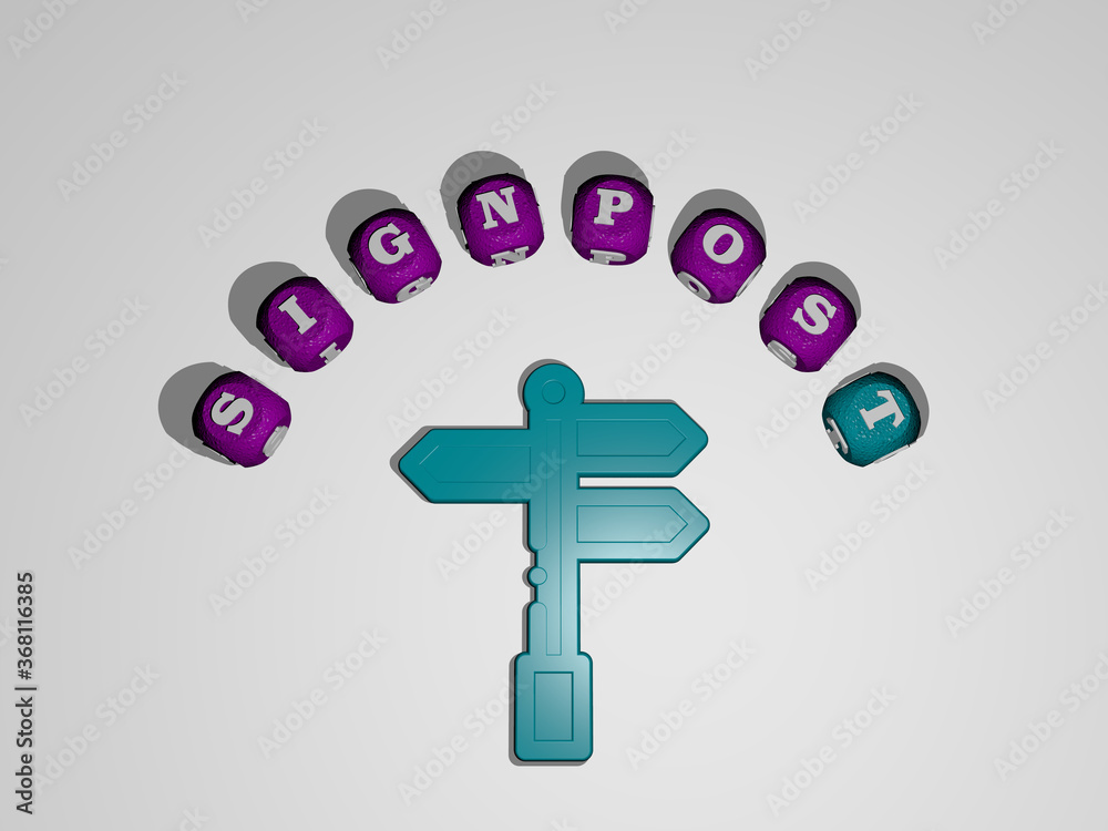 Obraz premium 3D illustration of signpost graphics and text around the icon made by metallic dice letters for the related meanings of the concept and presentations. direction and arrow