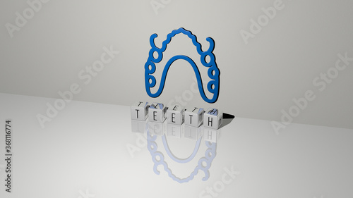 3D graphical image of TEETH vertically along with text built by metallic cubic letters from the top perspective, excellent for the concept presentation and slideshows. dental and care photo