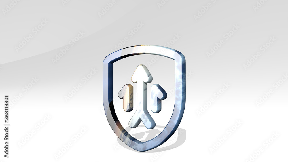 ARMY ARROW SHIELD made by 3D illustration of a shiny metallic sculpture casting shadow on light background. military and armed ARMY ARROW SHIELD made by 3D illustration of a shiny metallic sculpture casting shadow on light background. military and armed