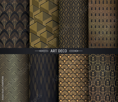 Art Dec patterns set. Golden vintage geometric line backgtounds icolated on black background. 1920 - 30s motifs.