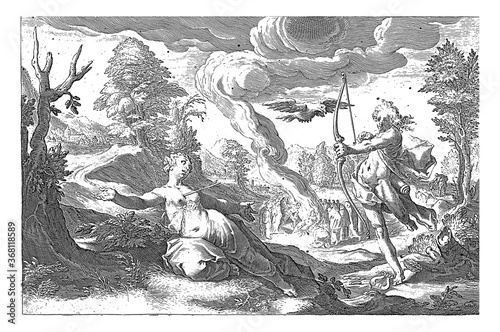 Obraz na płótnie Apollo kills Coronis, vintage illustration.