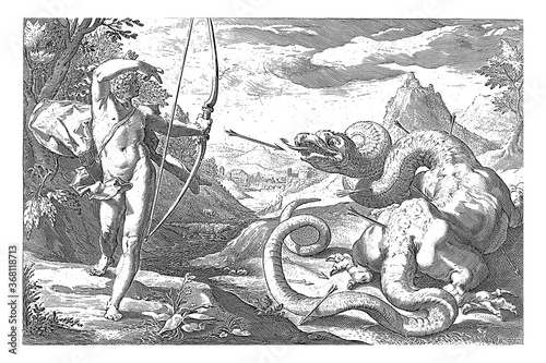 Obraz na płótnie Apollo kills the giant snake Python, vintage illustration.