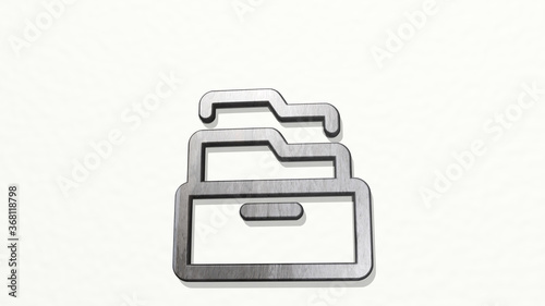 office drawer made by 3D illustration of a shiny metallic sculpture on a wall with light background. business and businessman