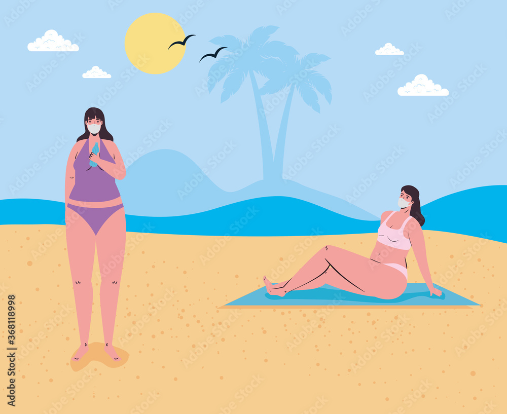 women with swimsuit wearing medical mask in the beach, tourism with coronavirus, prevention covid 19 in summer season vector illustration design