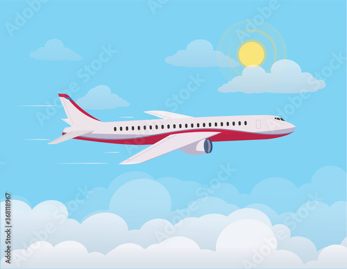 Airplane flying up against the sky , flying through clouds in the blue sky. Flat design style. Vector illustration