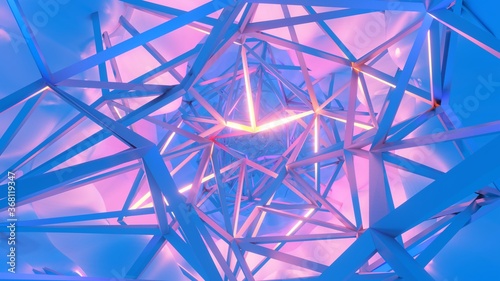 Background with neon futuristic polygon corridor, abstract backdrop