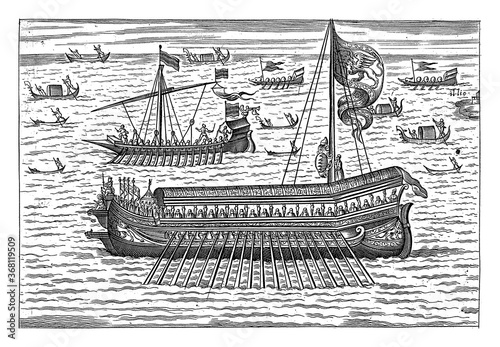 Obraz na plátně Bucintoro and other ships in Venice, vintage illustration.