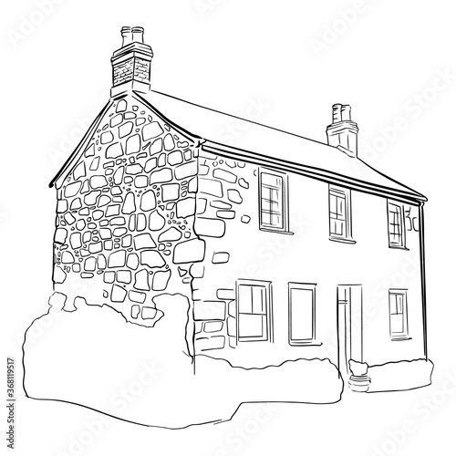 Outline sketch of isolated old building in doodle style. Vector illustration