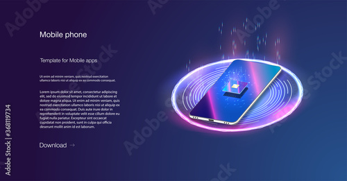 Processor the ISO banner.Quantum phone, big data processing, database concept.Digital chip.Modern cpu,great design for any purposes Futuristic microchip processor with backlight on the phone in blue.