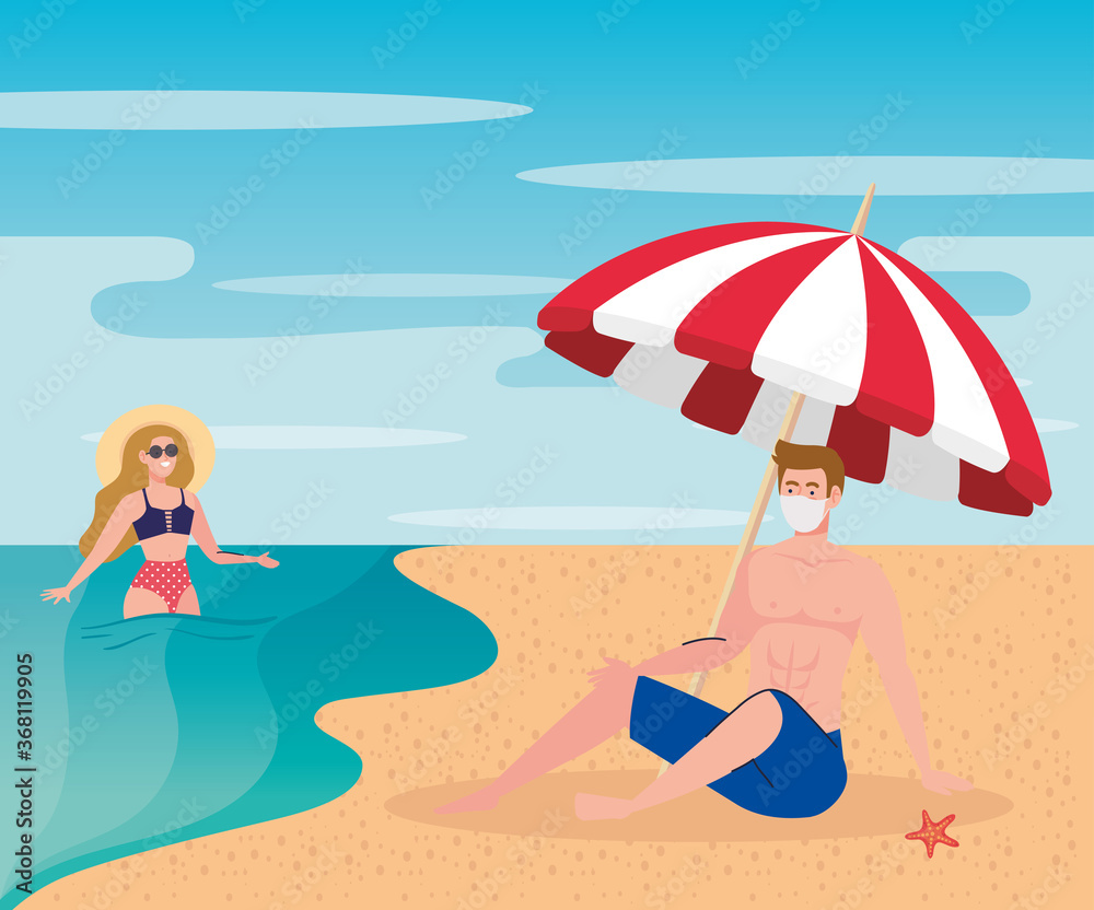 new normal summer beach concept after coronavirus or covid 19, couple wearing medical mask vector illustration design