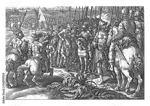 Giovanni de 'Medici in consultation with Swiss mercenaries, vintage illustration. photo