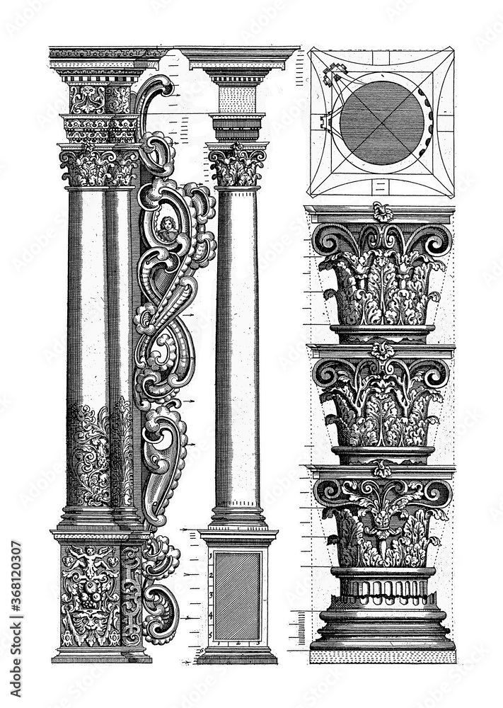 Φωτογραφία Columns and capitals of the Corinthian order, Johann Christoph Feinlein, vintage illustration
