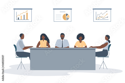 Office workers during the meeting. Black people are sitting at the table in the office. There are also diagrams on the wall in the image. Conference hall. Funky flat style. Vector illustration