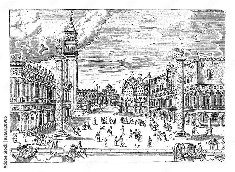 Fototapeta View of the Piazzetta in Venice, anonymous, c. 1570 - 1660, vintage illustration.